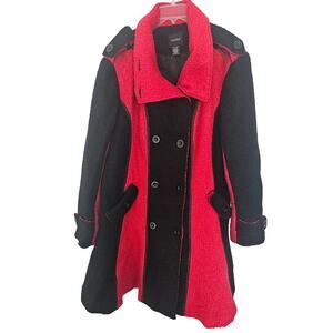 ASHRO Red Black Striped Colorblock Wool Long Coat sz Extra Large Plus Size Retro
